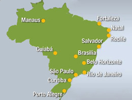 Mapa de localização dos estádios da Copa do Mundo no Brasil