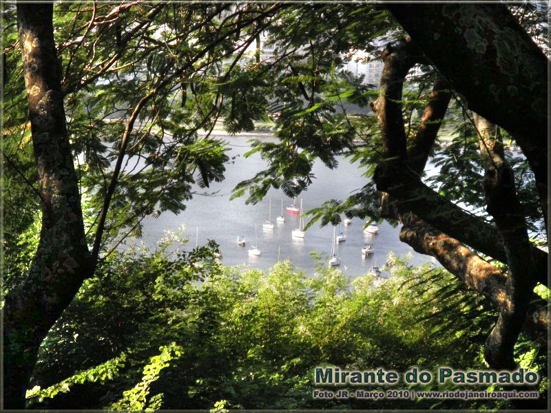 Entre a vegetação do morro do Pasmado, barcos são vistos na enseada de Botafogo