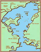 Mapa de localização da Ilha de Paquetá na Bahia de Guanabara e trajeto da barca