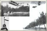 Na foto, aeroplanos e dirigível de Santos Dumont. Em uma praça de Petrópolis existe um réplica em tamanho real do 14-Bis.