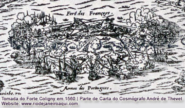 Tomada do Forte Coligny em 1560 - Ilustração livro André de Thevet de 1575