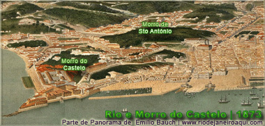 Centro do Rio em 1873 onde aparece o Morro de Santo António