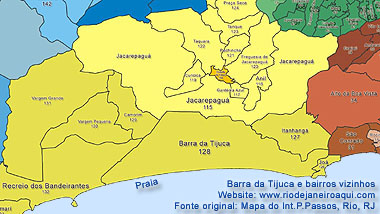 Mapa dos limites atuais da Barra da Tijuca e bairros vizinhos