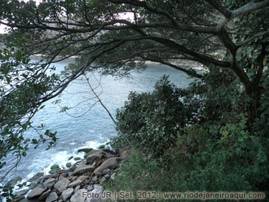 Foto tirada da pista Cláudio Coutinho | Mar, rochedos e árvores 