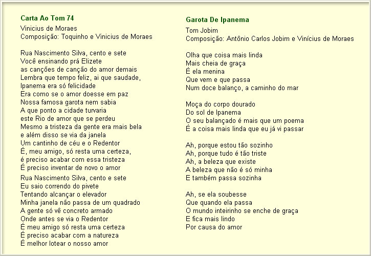 Letras músicas | Carta ao Tom | Garota de Ipanema