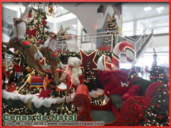 Nesta decoração renas puxam um trenó vermelho do papai noel cercado por pinheiros de natal com luzes cintilantes