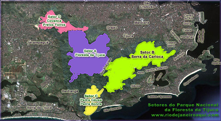 Mapa dos setores do Parque Nacional da Floresta da Tijuca
